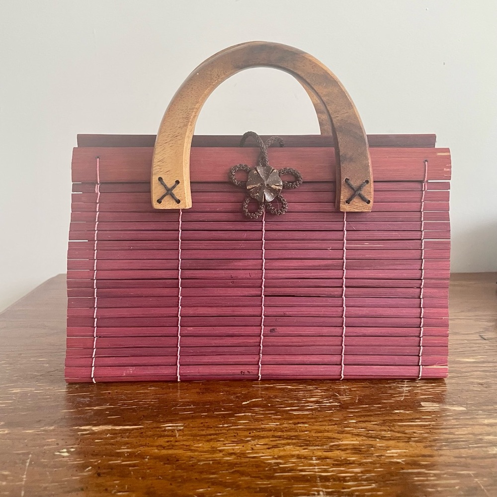 Wooden structured mini bag in burgundy/red